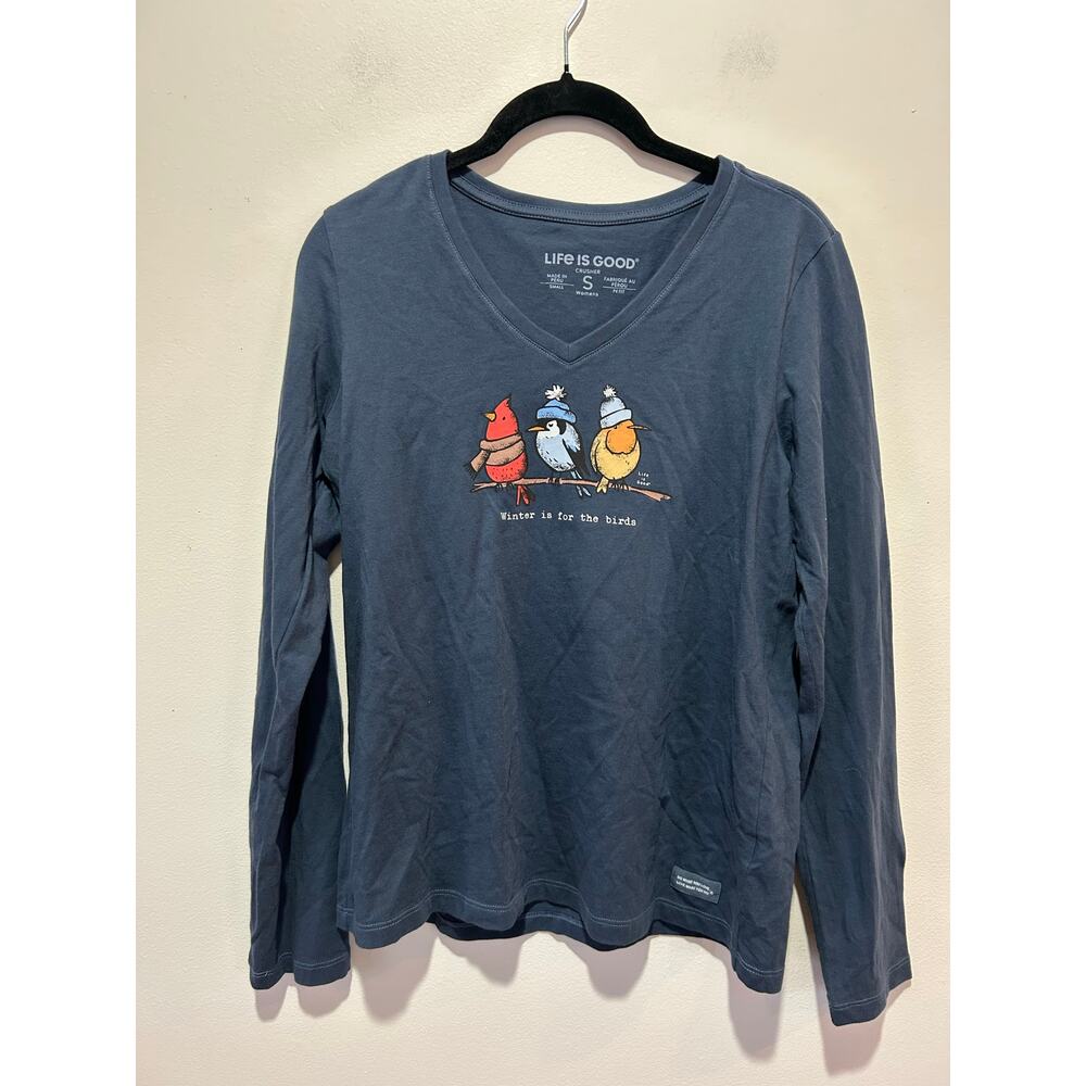 Life Is Good Crusher long sleeve tee women S Winter is for the birds v neck blue
